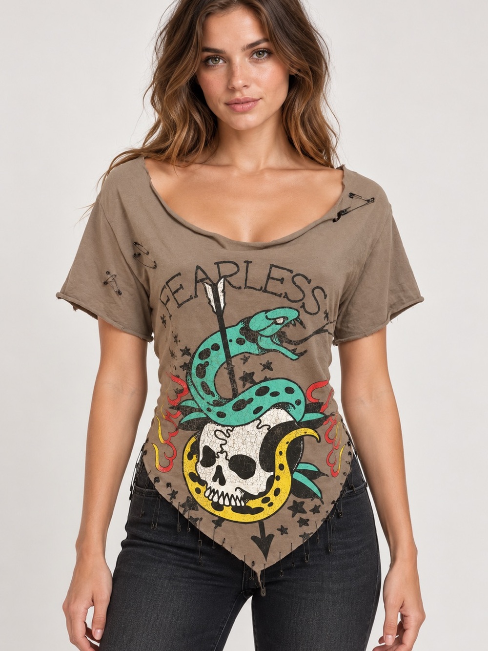 Upcycled distressed and pin Fearless Skull & Snake Graphic Tee - Taupe size S/M